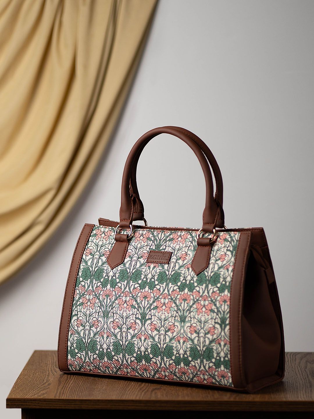 ZOUK Floral Printed Oversized Structured Jute Handheld Bag
