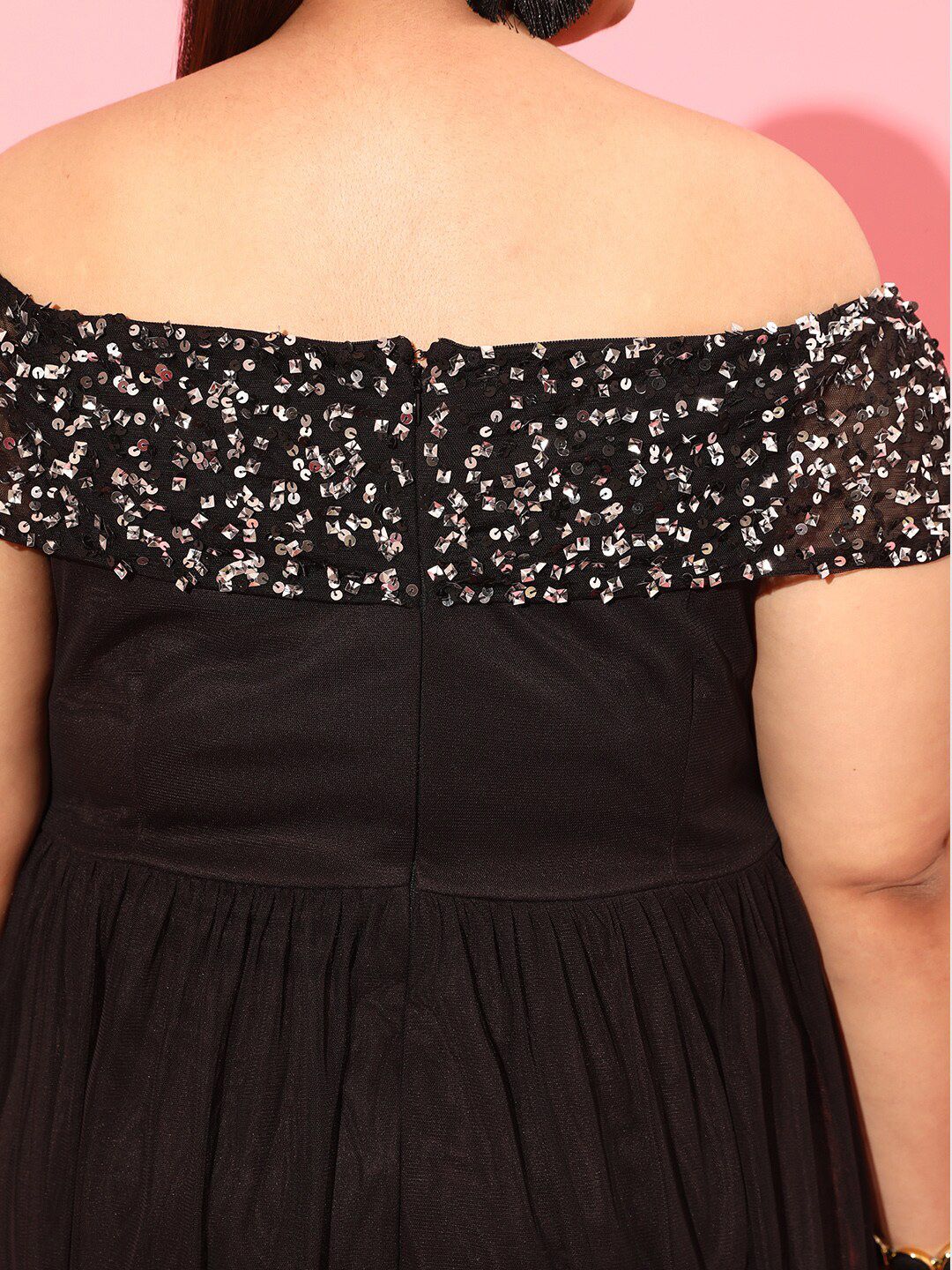 CURVY STREET Black Plus Size Off-Shoulder Net Maxi Dress