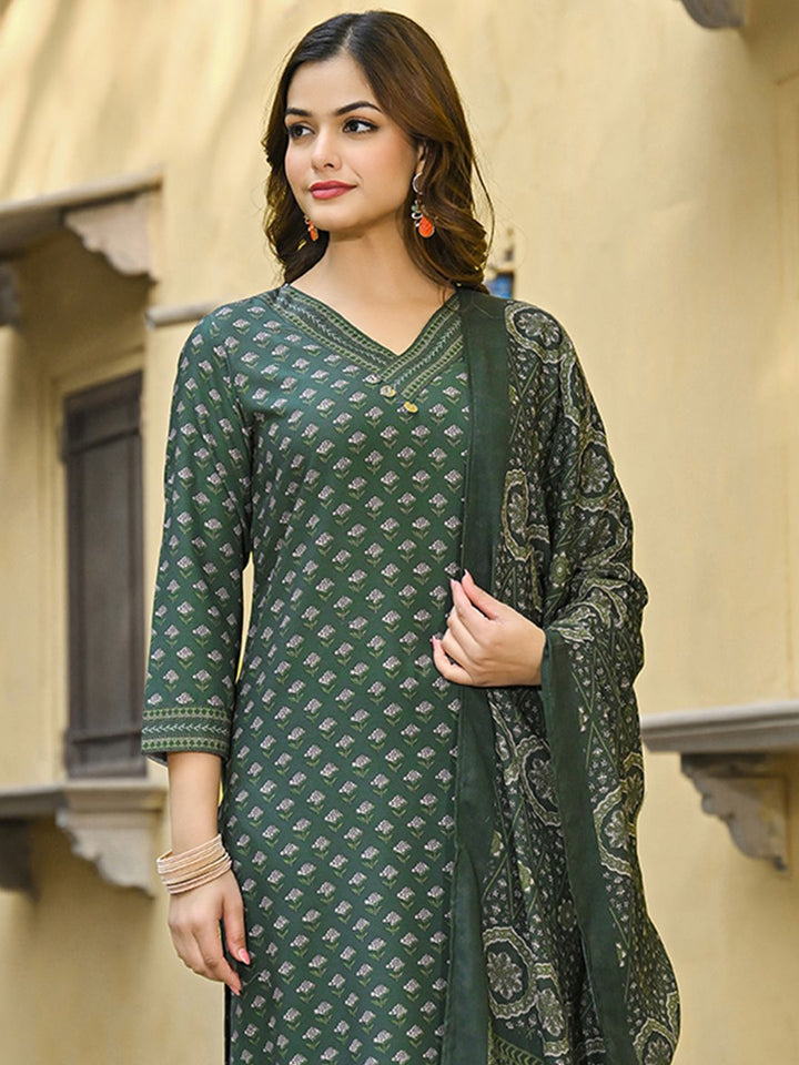 KALINI Floral Printed V-Neck Straight Kurta With Trousers & Dupatta
