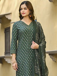 KALINI Floral Printed V-Neck Straight Kurta With Trousers & Dupatta