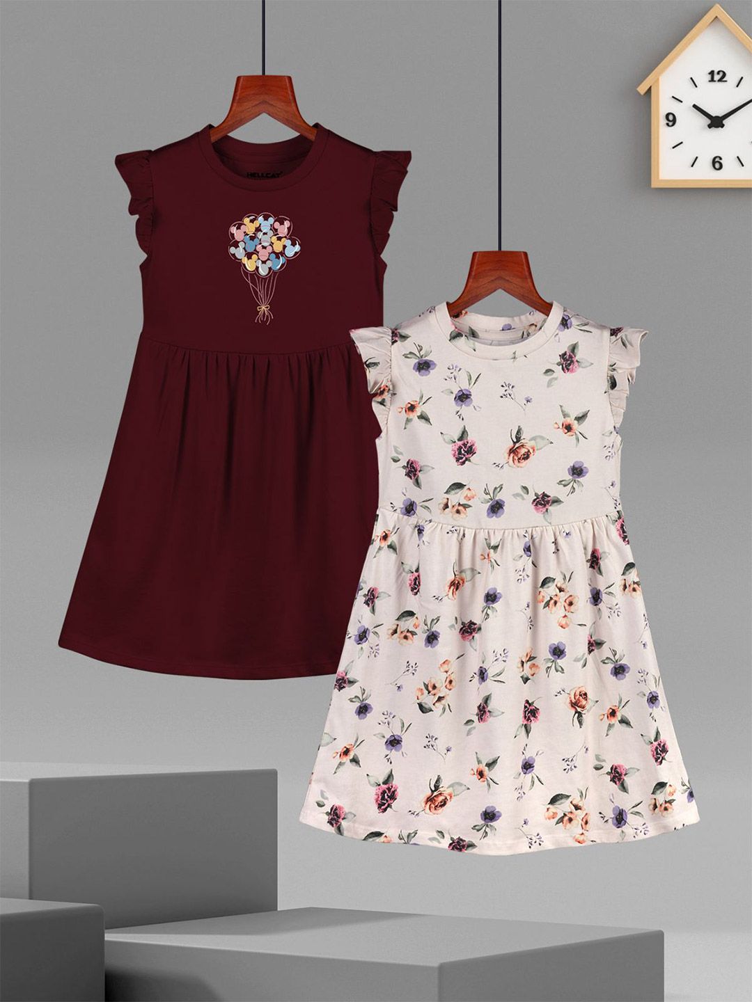 HELLCAT Girls Pack of 2 Printed Flutter Sleeve A-Line Dress
