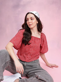 DressBerry Abstract Print Puff Sleeves Square Neck Button-Up Top