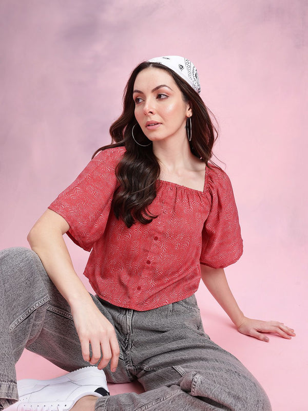 DressBerry Abstract Print Puff Sleeves Square Neck Button-Up Top