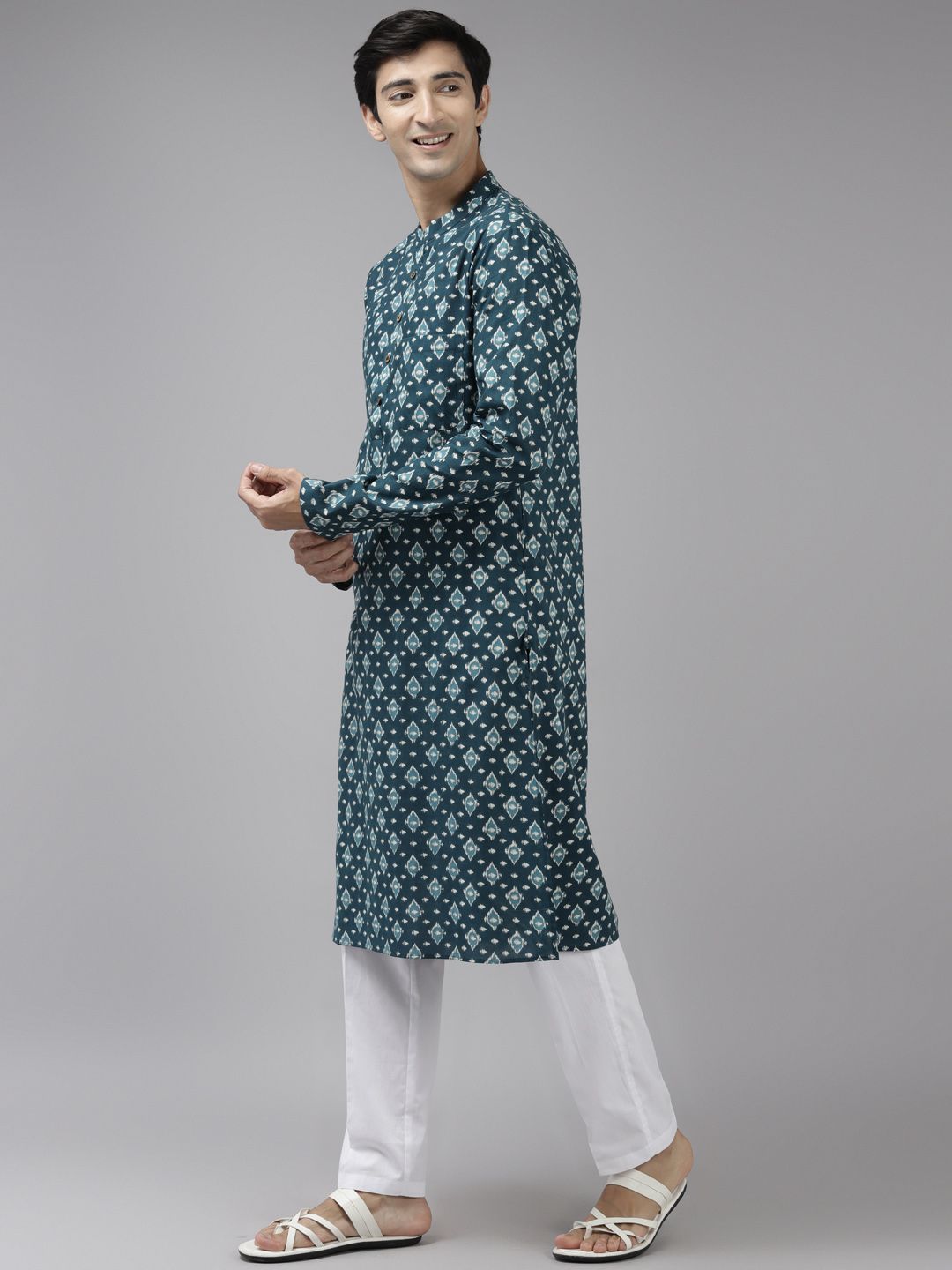 See Designs Men Teal Blue Ethnic Motifs Printed Pure Cotton Kurta with Trousers