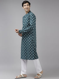 See Designs Men Teal Blue Ethnic Motifs Printed Pure Cotton Kurta with Trousers