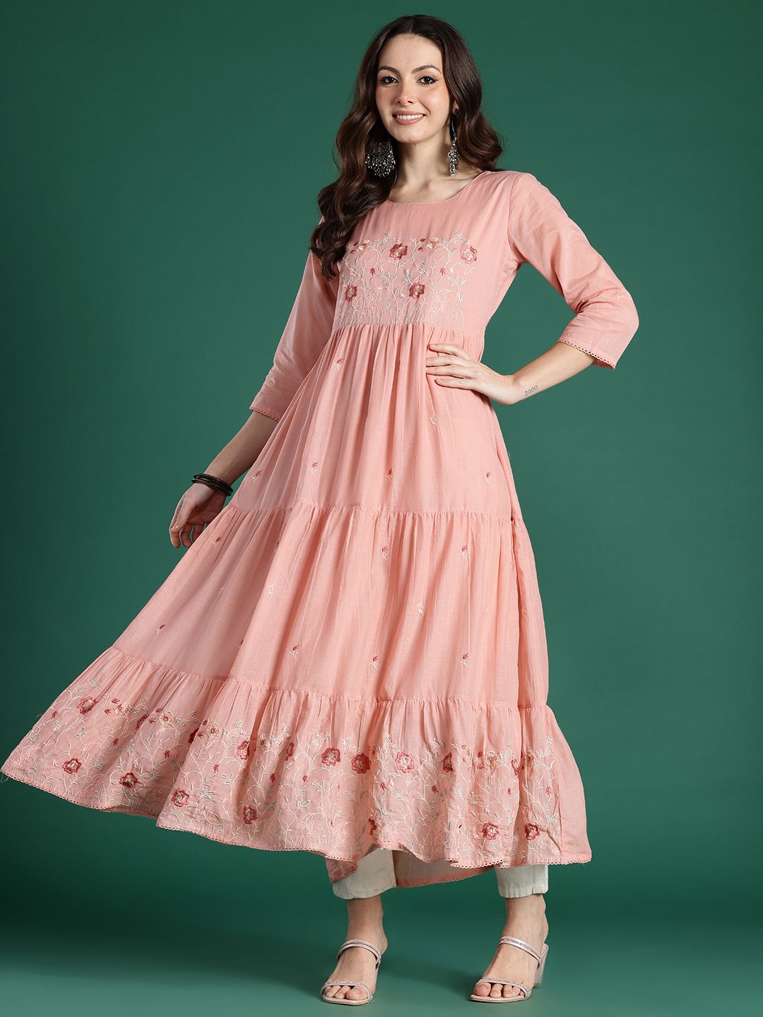 Indo Era Floral Embroidered Thread Work Pure Cotton Anarkali Kurta