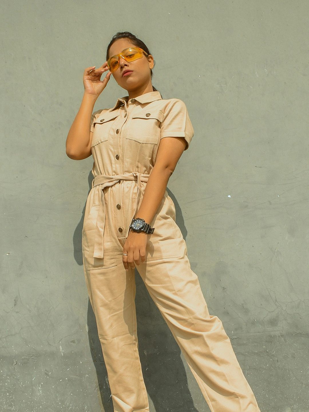 SASSAFRAS Women Beige Solid Twill Tapered Basic Jumpsuit