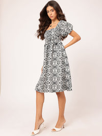 DressBerry Cultural Chic Ethnic Printed Puff Sleeve Fit & Flare Dress
