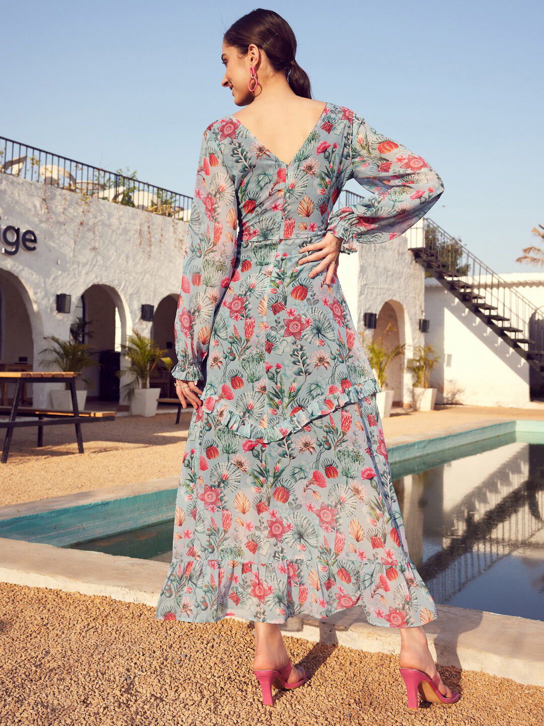 STREET 9 Green & Pink Floral Printed Bell Sleeve Maxi Dress