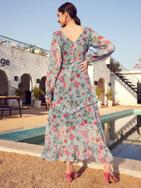 STREET 9 Green & Pink Floral Printed Bell Sleeve Maxi Dress