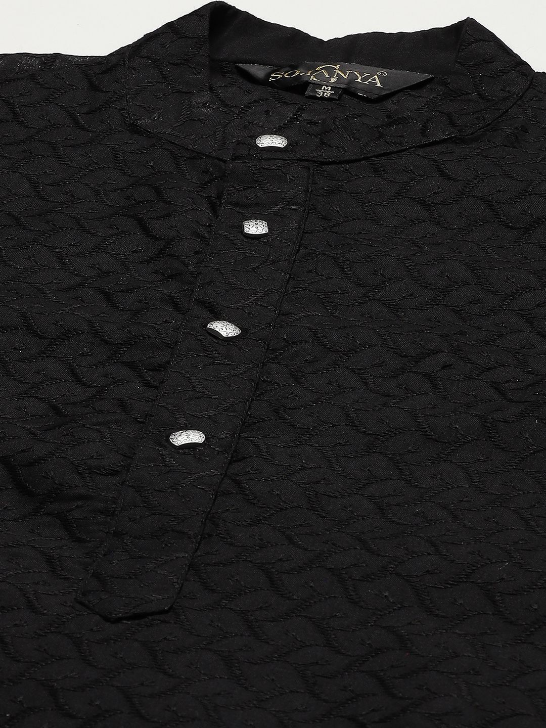 SOJANYA Lelaki Motif Etnik Hitam Chikankari Kurta Kapas Tulen dengan Jaket Churidar & Nehru