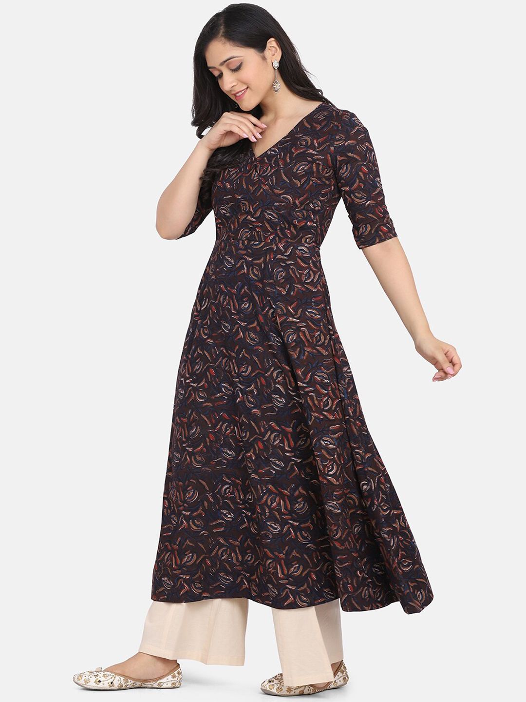 KALINI Floral Printed Pure Cotton Anarkali Kurta Wiith Palazzos