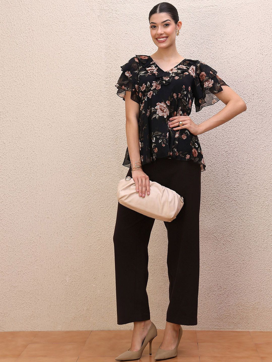 Antheaa Women Floral Printed Flared Sleeve Empire Top