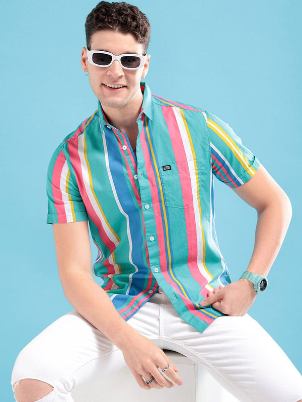 Garaj India Co Lea Sea Green & Pink Striped Pure Cotton Casual Shirt