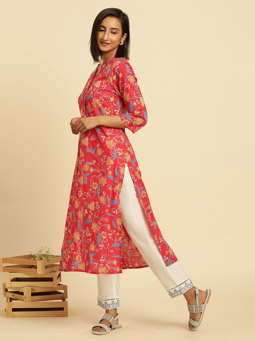 W Women Off White Straight Fit Ethnic Trouser