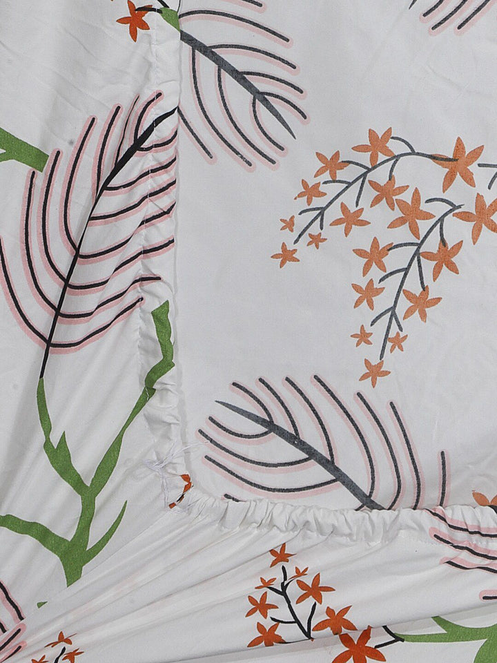 KLOTTHE White & Brown Printed 300 TC Fitted Double Bed Bedsheet With 2 Pillow Covers