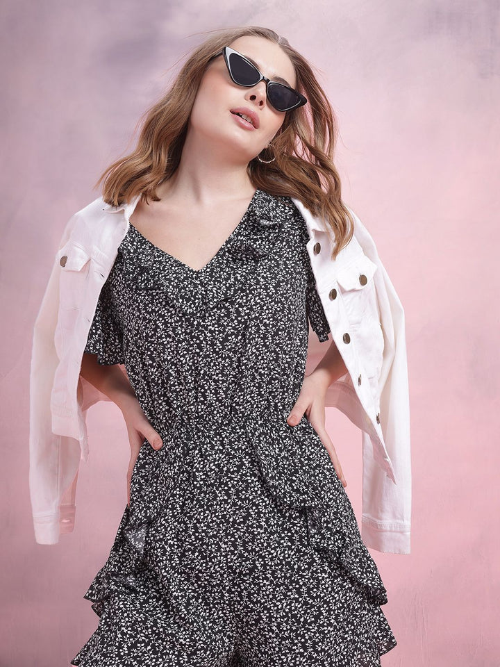 DressBerry Floral Printed Flared Sleeves Playsuit with Ruffled Detail