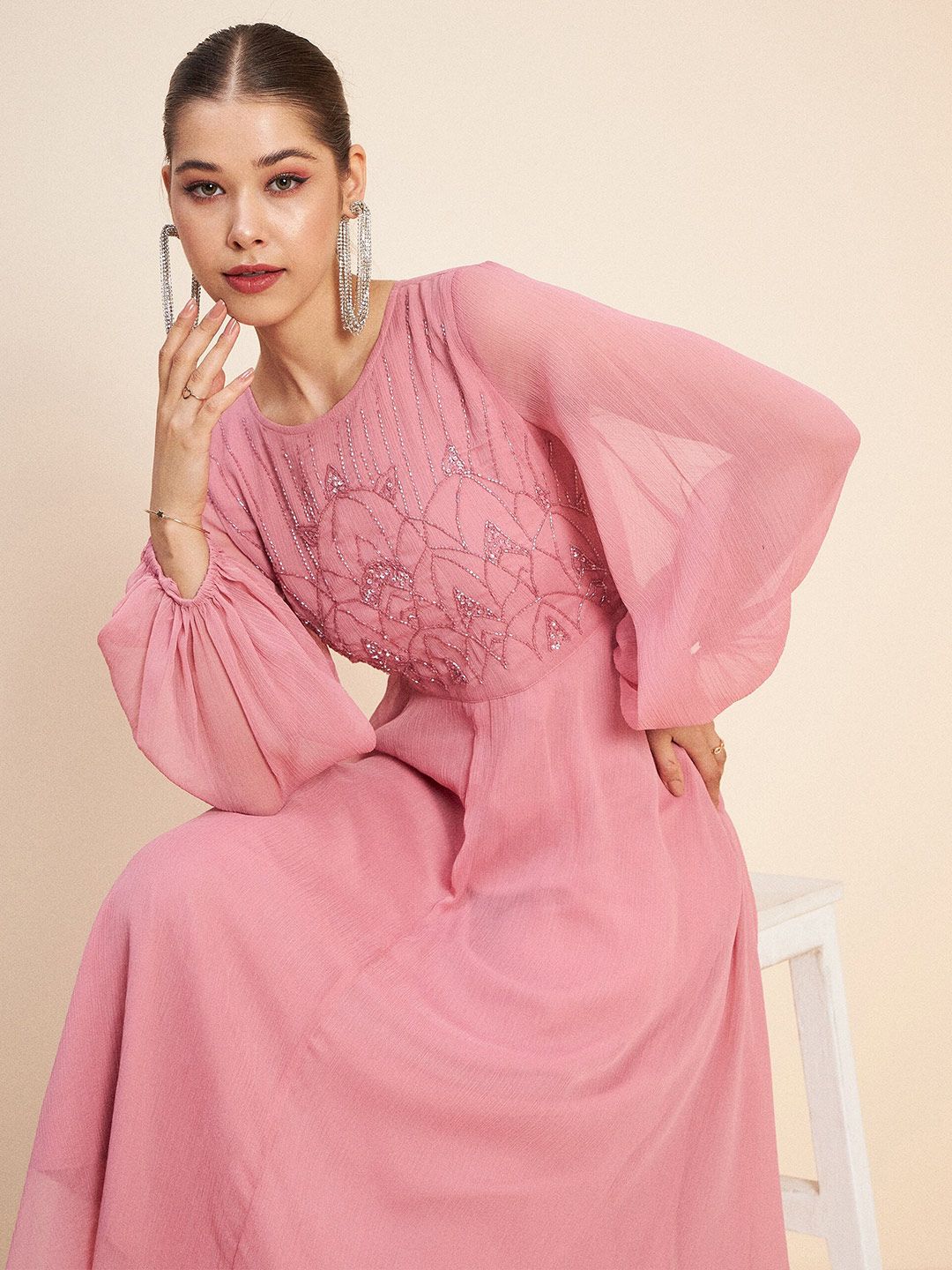 Antheaa Pink Embellished Puff Sleeves Gathered Fit & Flare Midi Dress