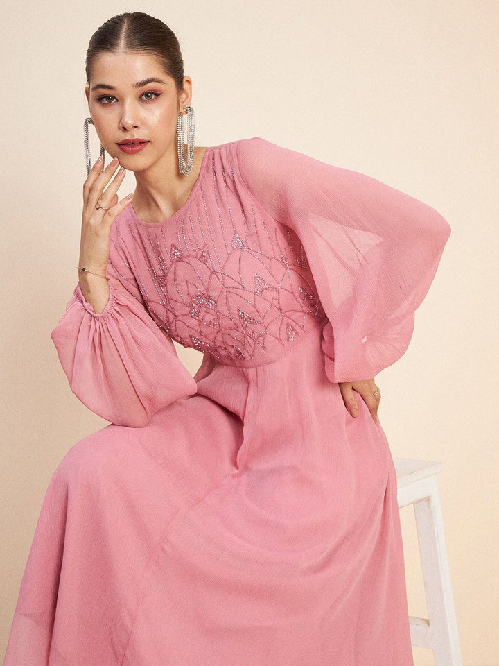Antheaa Pink Embellished Puff Sleeves Gathered Fit & Flare Midi Dress