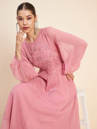 Antheaa Pink Embellished Puff Sleeves Gathered Fit & Flare Midi Dress