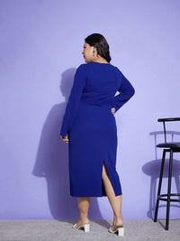 SASSAFRAS Curve Blue Plus Size Long Sleeve V-Neck Belted Beads Peplum Midi Dress