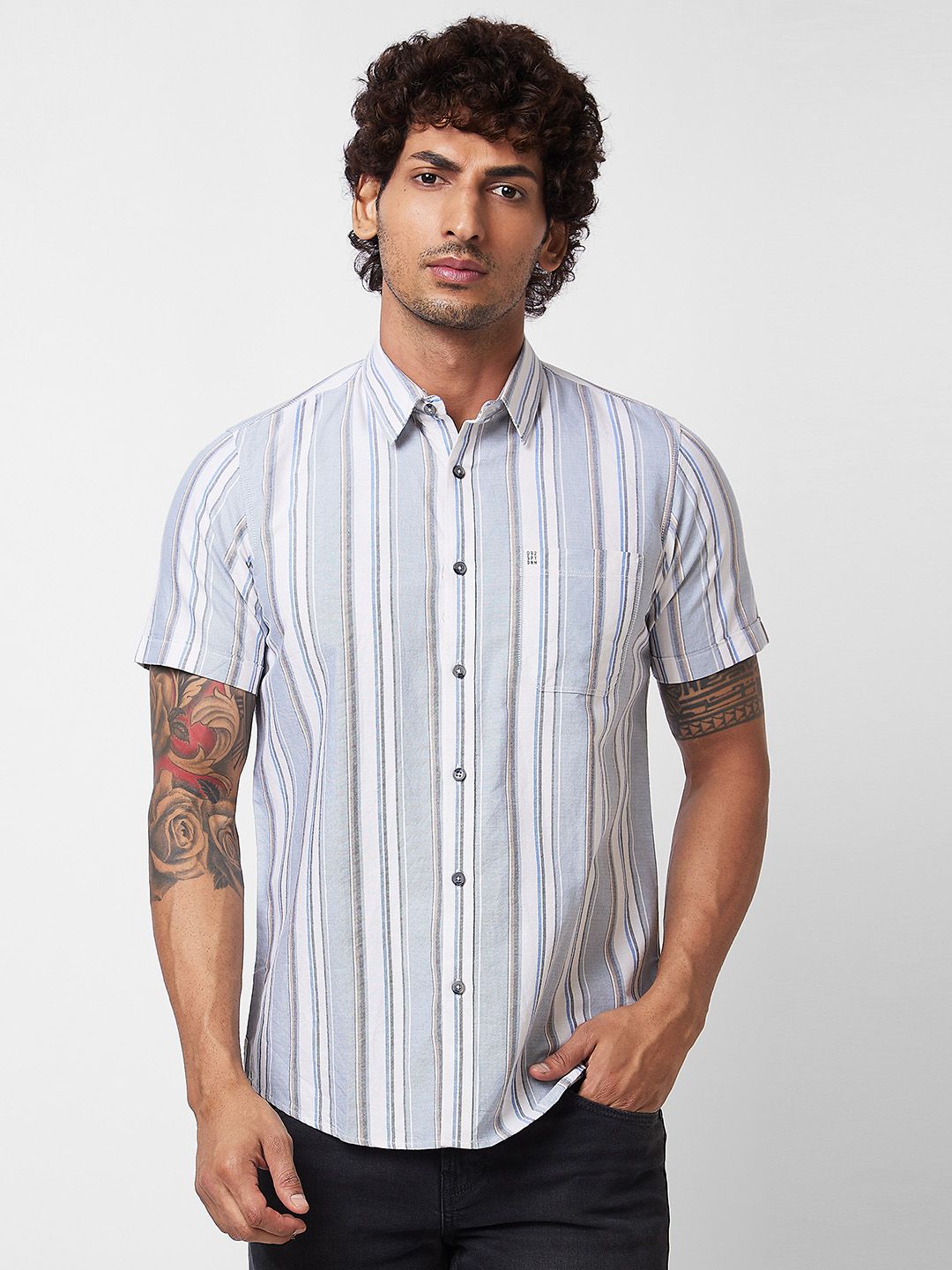 SPYKAR Vertical Striped Spread Collar Short Sleeves Cotton Casual Shirt