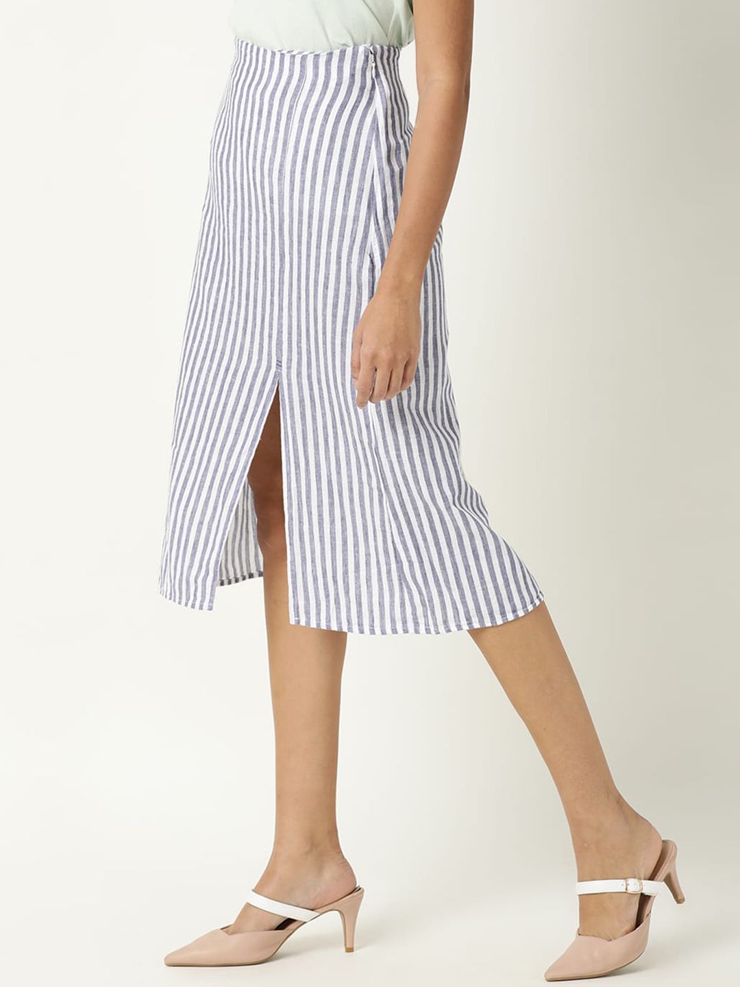 RAREISM Women Moonly Blue Striped A-Line Skirts