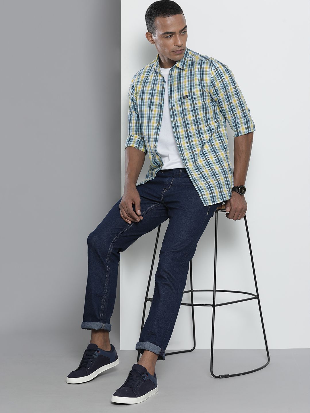 The Indian Garage Co Men Yellow Regular Fit Tartan Checks Opaque Checked Casual Shirt
