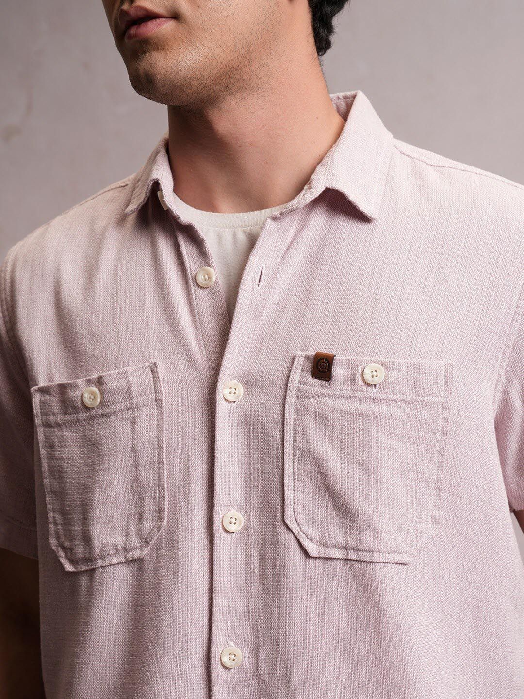 Locomotive Men Light Pink Dobby Textured Checked Utility Pocket Regular Shirt