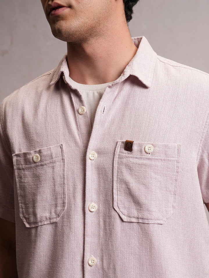 Locomotive Men Light Pink Dobby Textured Checked Utility Pocket Regular Shirt