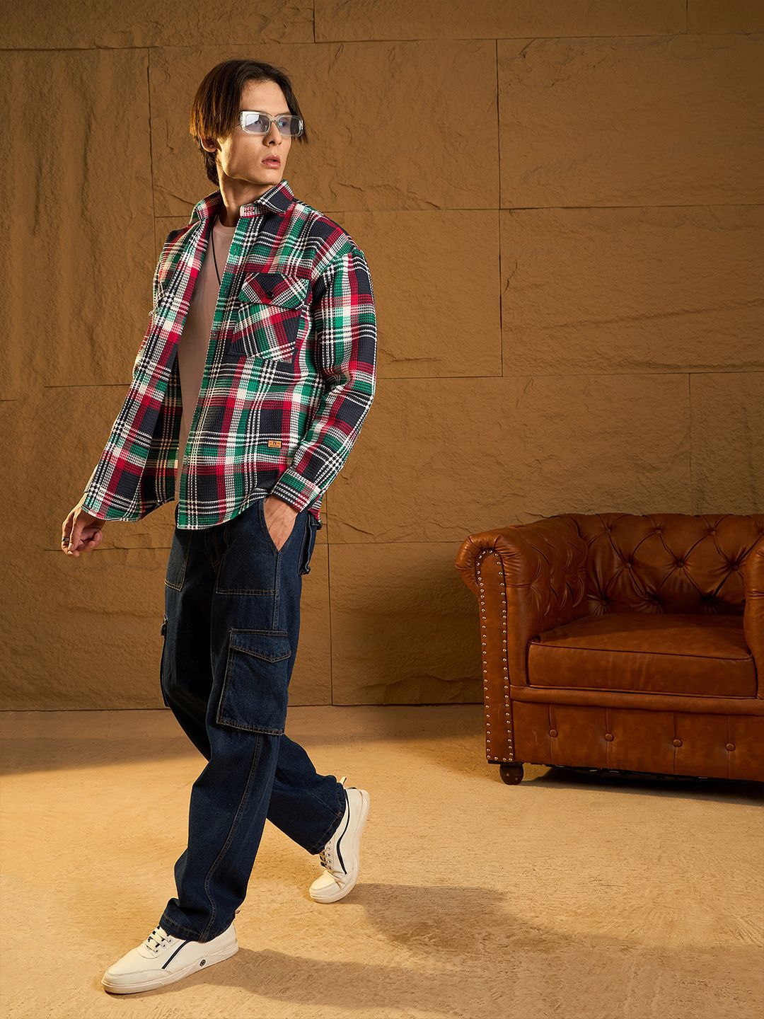 DENNISON Men Double Pocket Drop Shoulder Oversized Cotton Checked Shacket