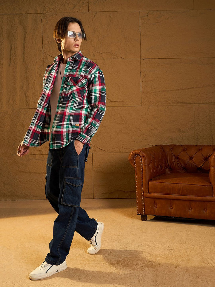 DENNISON Men Double Pocket Drop Shoulder Oversized Cotton Checked Shacket