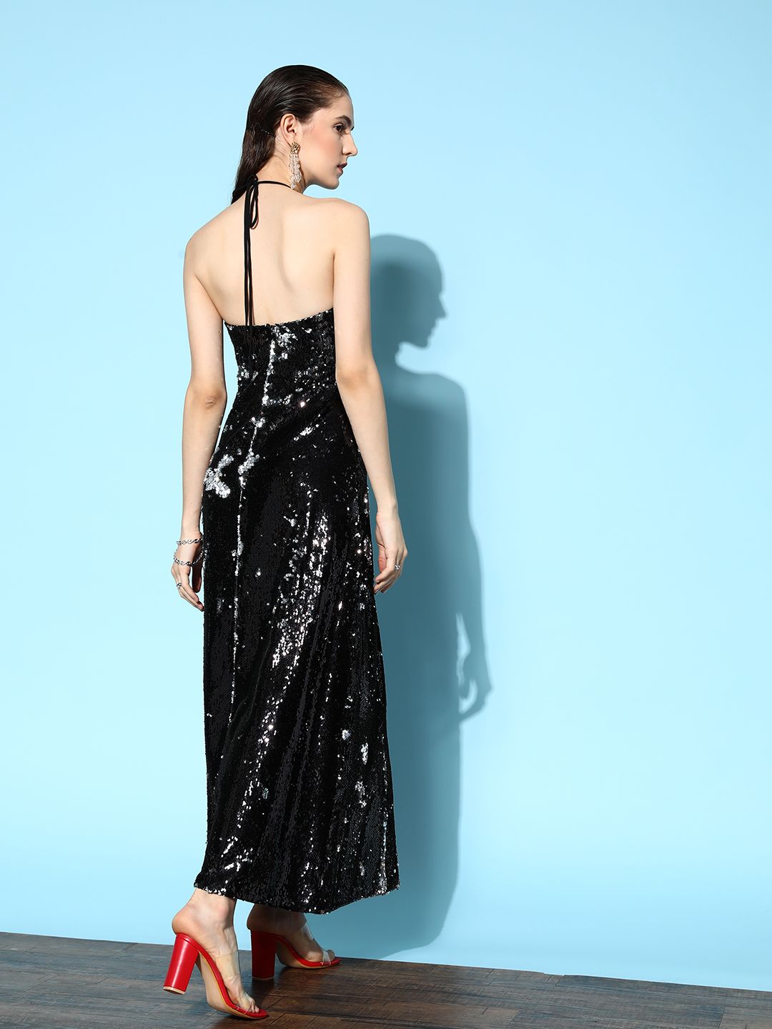 Berrylush Black Halter Neck Sequined Bodycon Maxi Dress