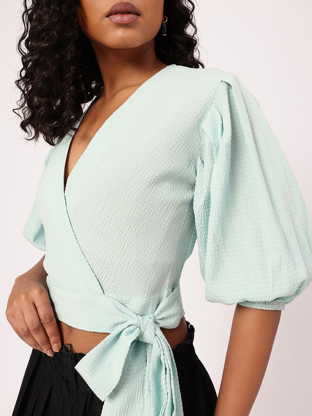 DressBerry Tied Up In Style Femme Seersucker Crop Wrap Style Top