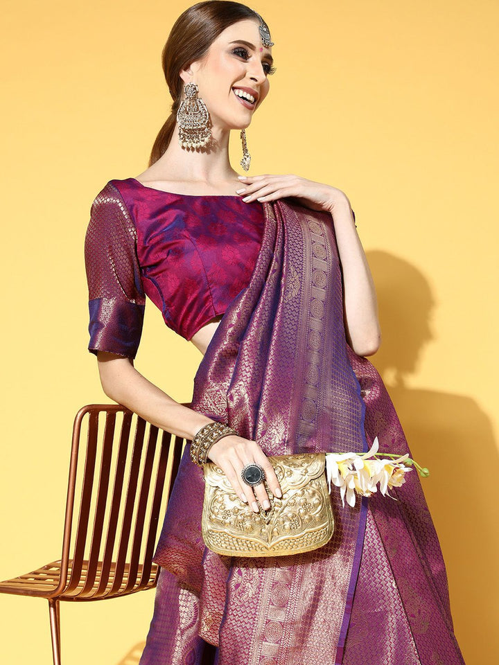 Saree mall Purple Floral Zari Silk Blend Banarasi Sarees