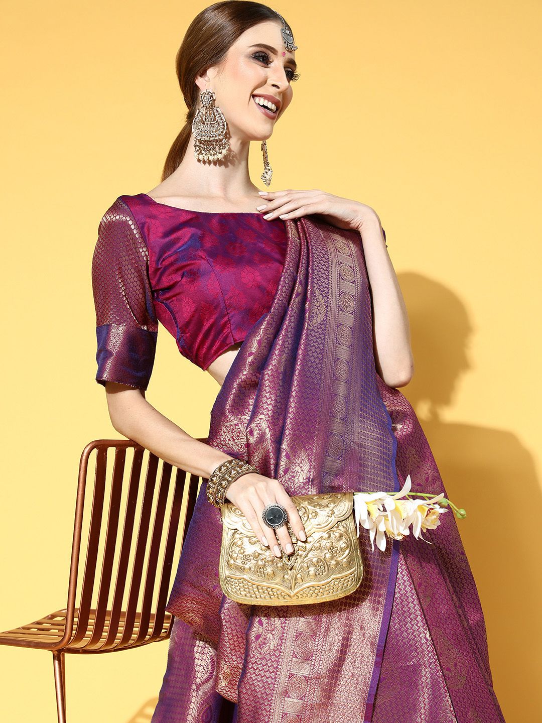 Saree mall Purple Floral Zari Silk Blend Banarasi Sarees