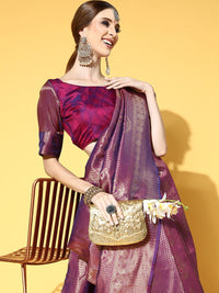 Saree mall Purple Floral Zari Silk Blend Banarasi Sarees