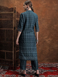 Vishudh Blue Ethnic Motifs Woven Design Mandarin Collar Straight Kurta With Trouser