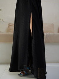 Berrylush Black Self Design Square Neck Puff Sleeves High Slit Maxi Dress
