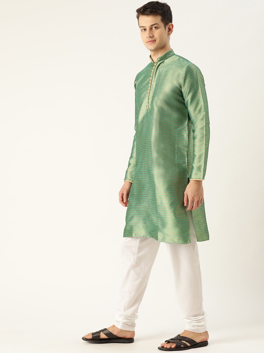 SOJANYA Men Green & Golden Woven Design Kurta Lurus