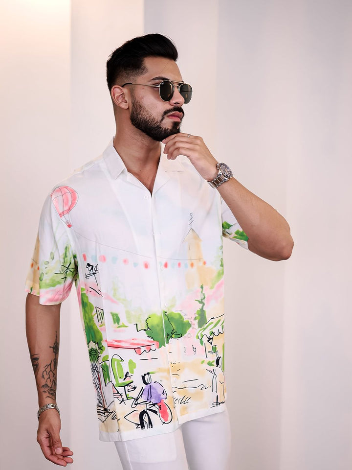 Eszett Floral Printed Spread Collar Baju Kapas Lengan Pendek