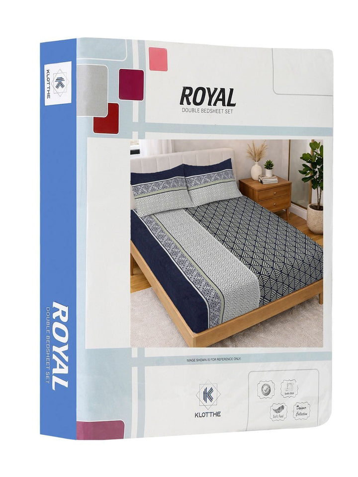 KLOTTHE Biru & Putih Bercetak 300 TC Cadar Katil Double Dengan 2 Sarung Bantal- 2.5 m x 2.25 m