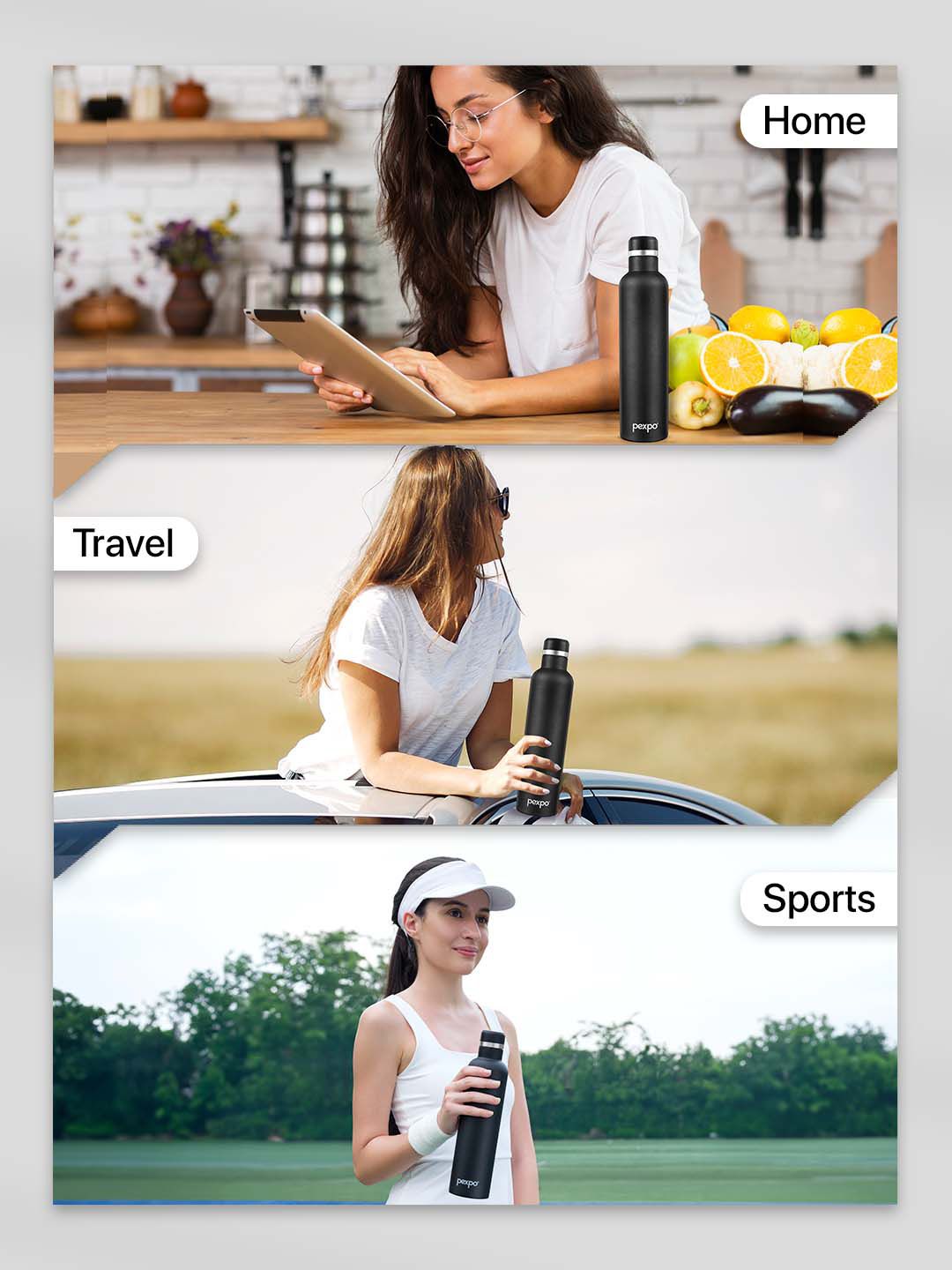 Pexpo Oreo Black Thermosteel ISI Certified 24 Hrs Hot Vacuum Flask Water Bottle 1000ml