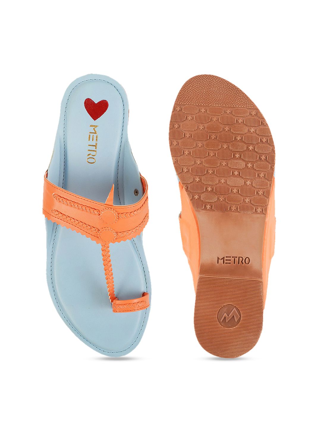 Metro Women Orange Textured T-Strap Flats