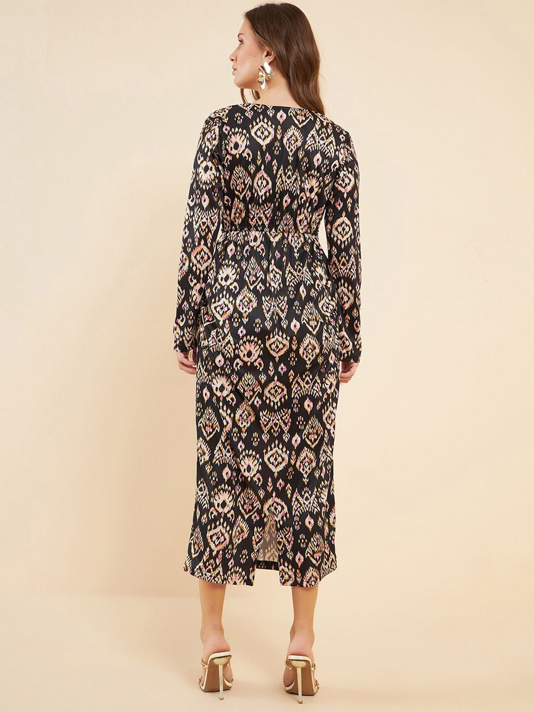 Antheaa Black Ethnic Motifs Printed V-Neck A-Line Midi Dress