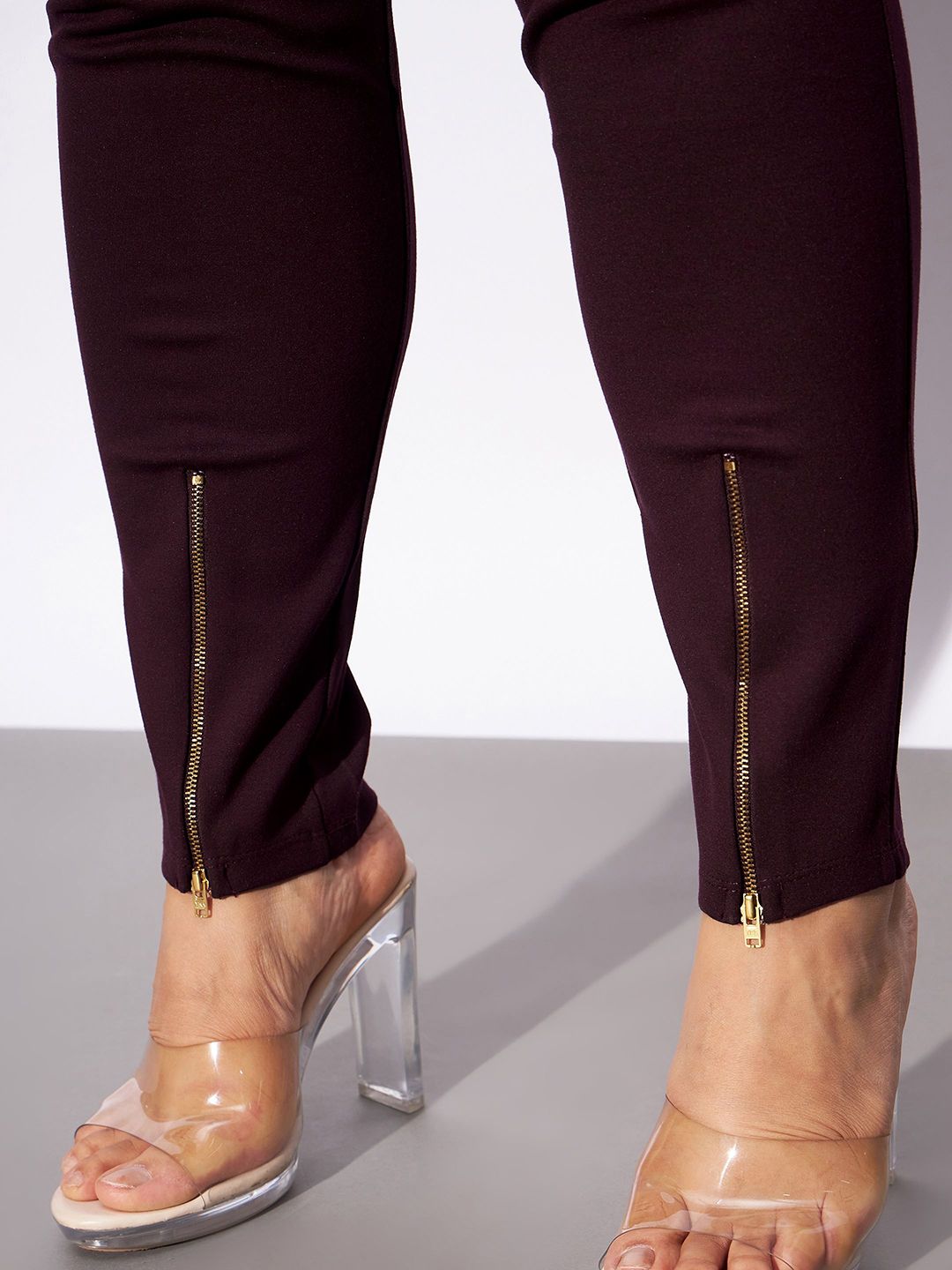 SASSAFRAS Curve Women Plus Size Burgundy Slim Fit Zip Detail Regular Trousers