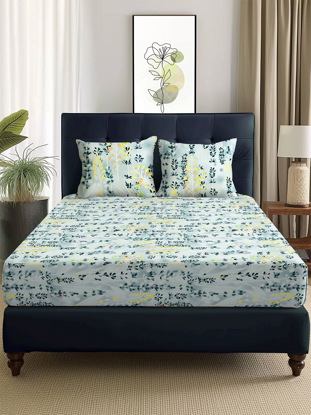 Story@home Arena Grey & Blue Floral Printed 180 TC Queen Bedsheet & 2 Pillow Covers
