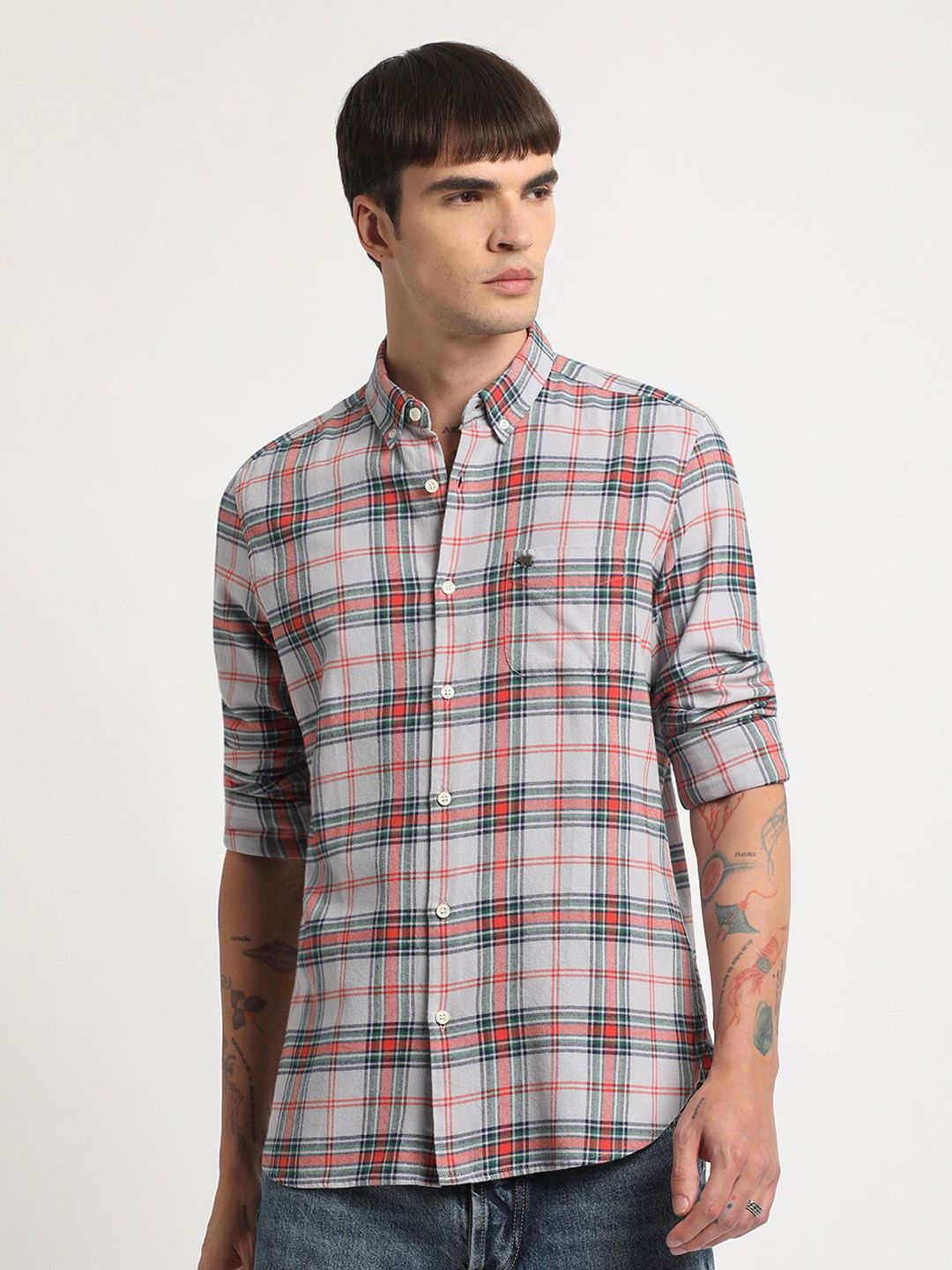 THE BEAR HOUSE Slim Fit Button-Down Collar Tartan Checked Pure Cotton Casual Shirt