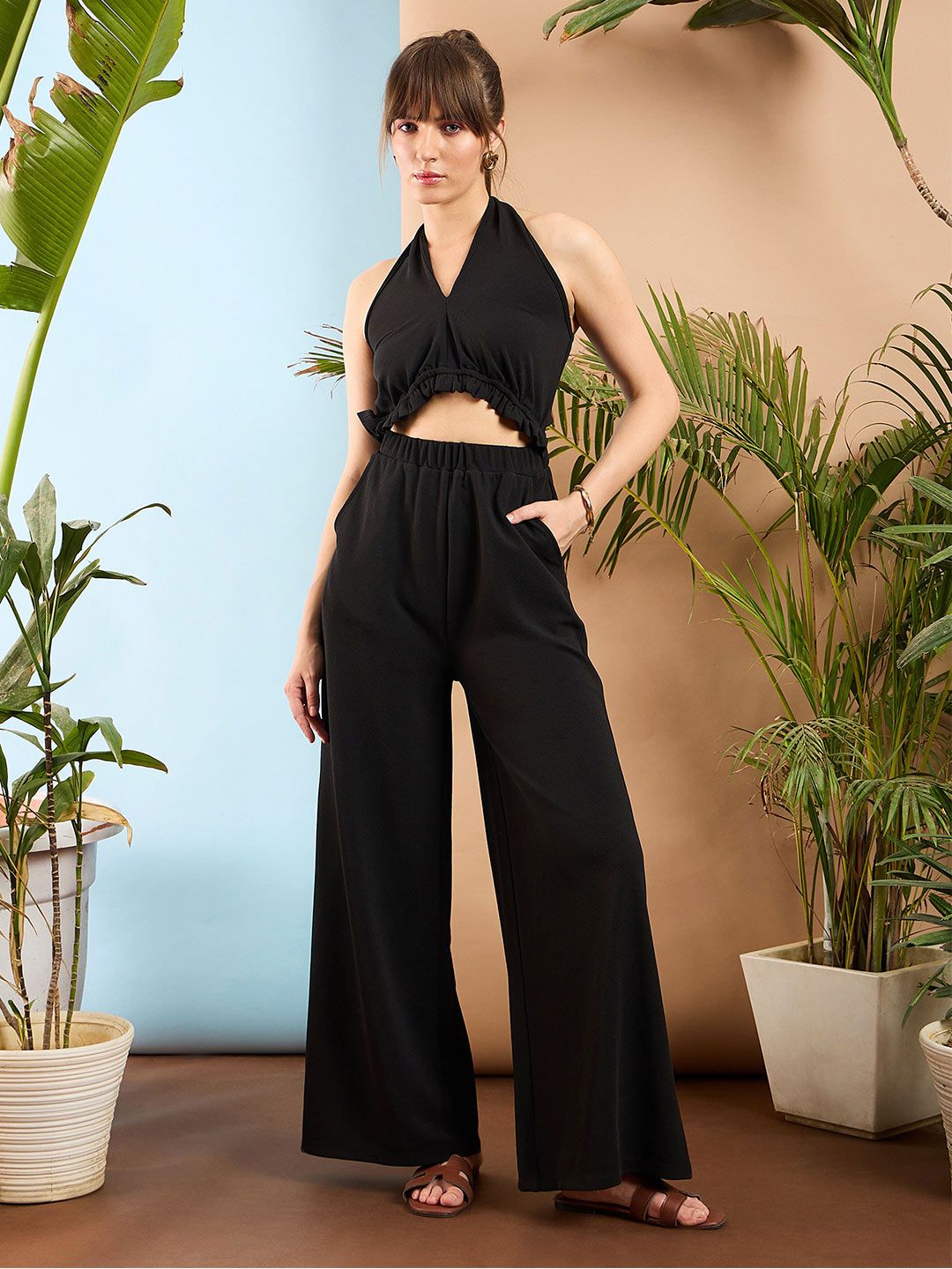 SASSAFRAS Black Halter Neck Basic Jumpsuit