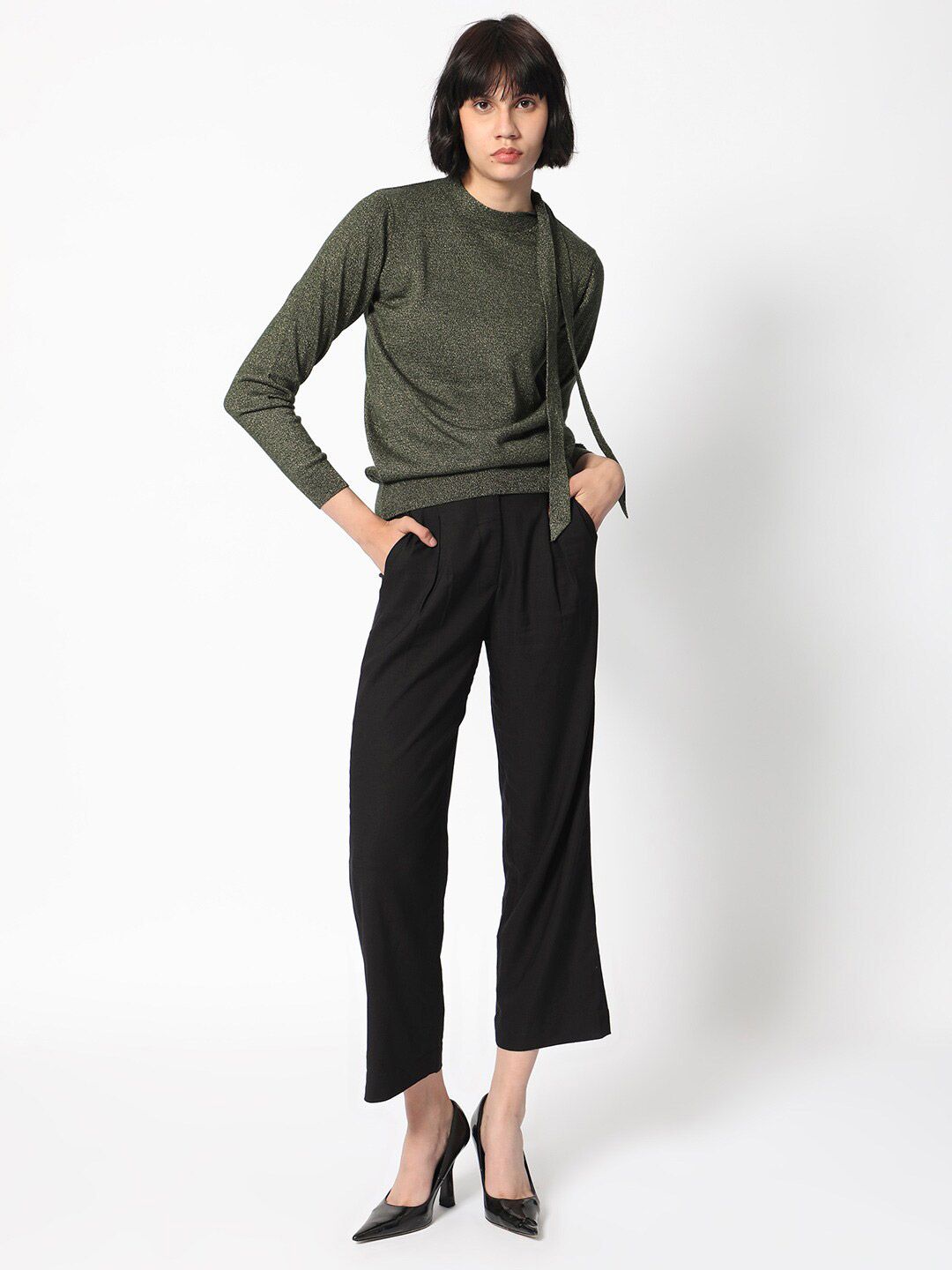 RAREISM Round Neck Acrylic Tie up Shimmer Sweater